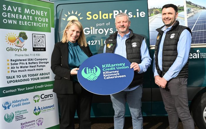 Karena McCarthy Marketing and Business Development Manager with Martin Gilroy CEO Gilroy’s Green Energy and Palmer Renewable Energy Technician Girloy’s Green Energy at the launching of the Credit Unions of Kerry and West Limerick new collaboration with Gilroy’s Green Energy at the Rose Hotel, Tralee. Photo by Michelle Cooper Galvin